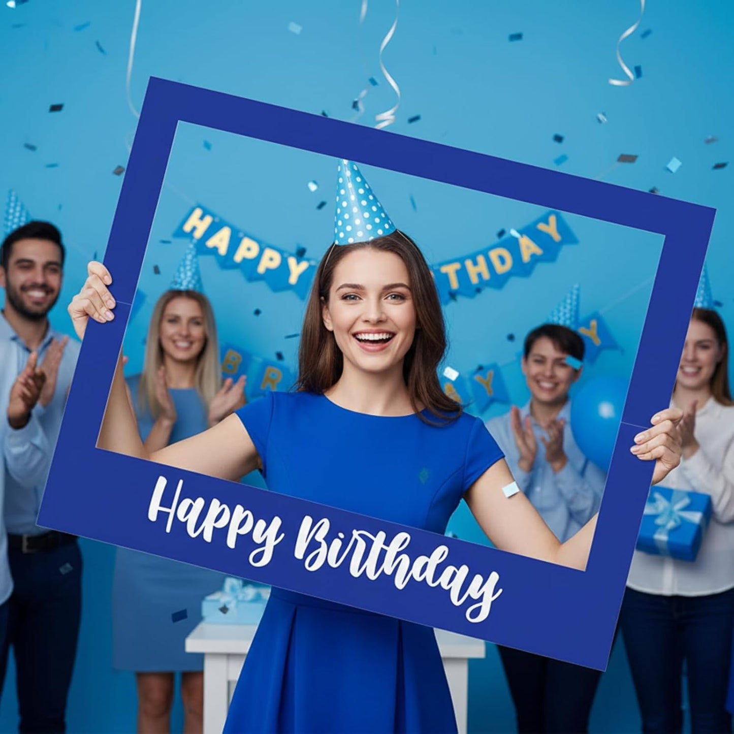 32 x 24 Inch Large Photo Booth Props Picture Frame Happy Birthday Party Frame DIY Cutouts Photo Booth Props Selfie for Party Supplies Favors (Horizontal,Blue White)