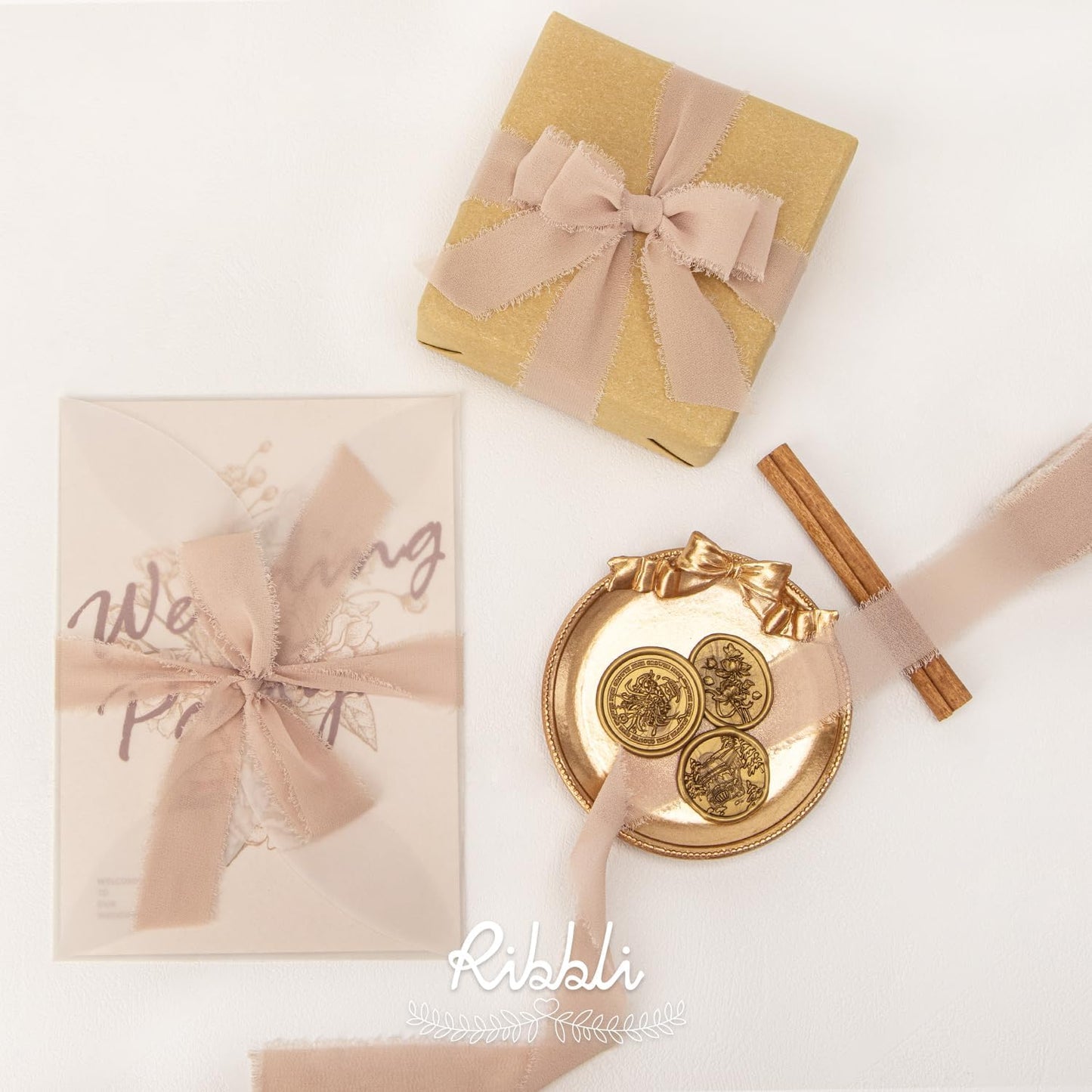 Ribbli Beige Ribbon 1 Inch x 3 Rolls Total 24 Yards Natural Handmade Fringe Chiffon Silk Ribbon for Wrapping Wedding Invitations Bridal Bouquets DIY Crafts Home Decor