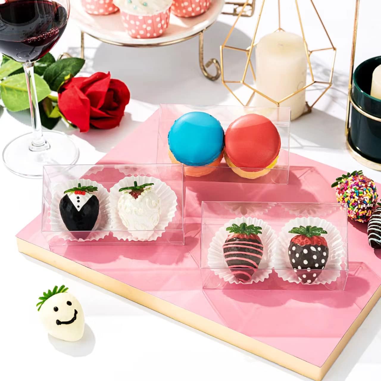 RomanticBaking 50Pack 4 1/2" x 2 1/4"x 2" Clear Chocolate Covered Strawberries Boxes for 2 Macaron Boxes for 4 Bakery Boxes Small Treat Boxes for Wedding Birthday Party