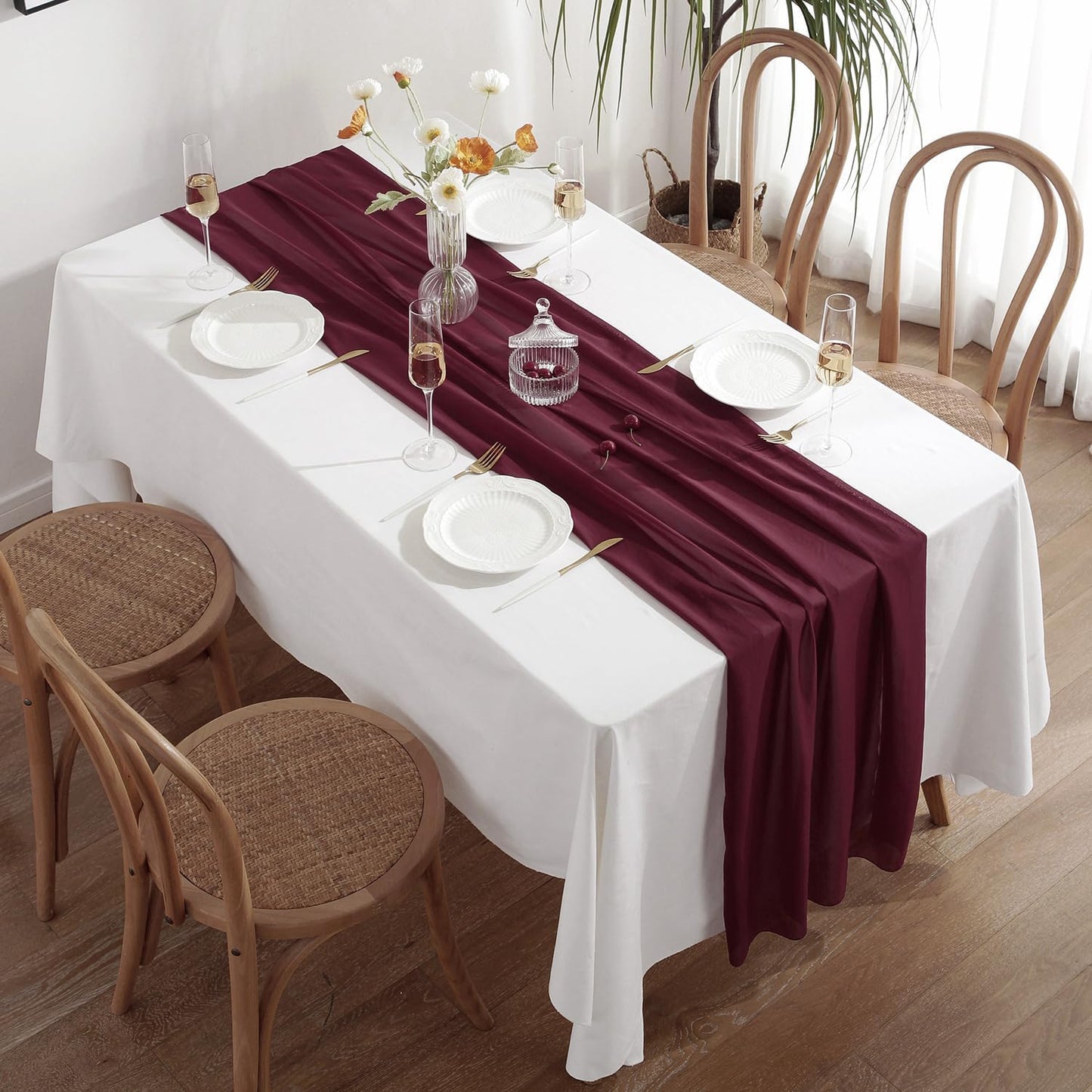 2 Pack 10 Ft Chiffon Table Runner Burgundy Gauze Long Table Runners 27x120 Inches Sheer Tulle Table Runner for Rustic Wedding Reception Bridal Shower Decorations Birthday Party