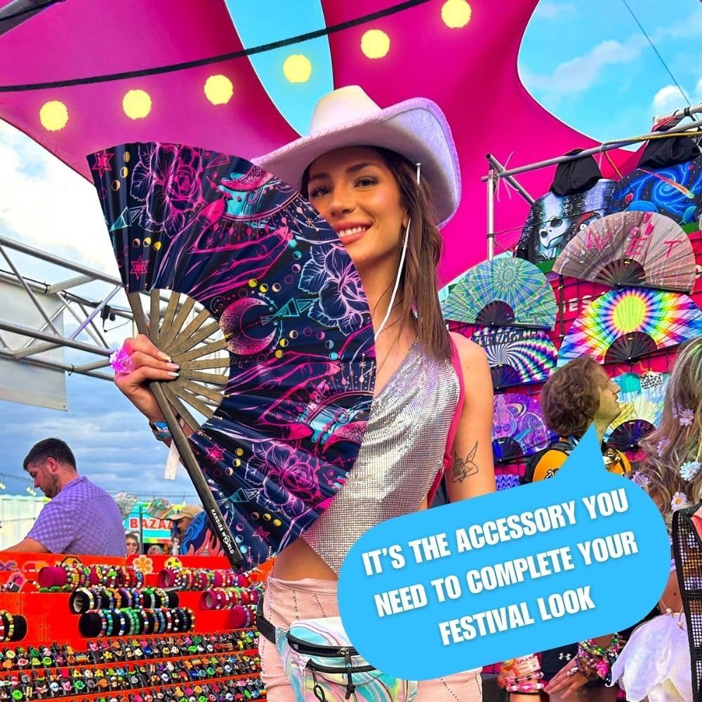 Kandies World UV Reactive Custom Festival Folding Hand Fan - Unique Designs, Made of Bamboo, Clacking Sound, Lightweight - Perfect Rave and Festival Accessory!