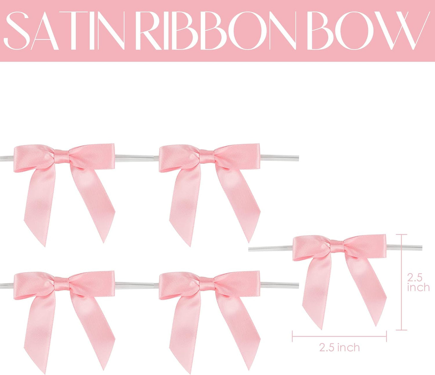 AIMUDI Baby Pink Satin Ribbon Twist Tie Bows 2.5" Light Pink Pretied Bows Premade Craft Bows for Treat Bags Cake Pop Gift Wrapping Basket Wedding Favors Cookie Candy Bagging Baby Shower - 50 Counts
