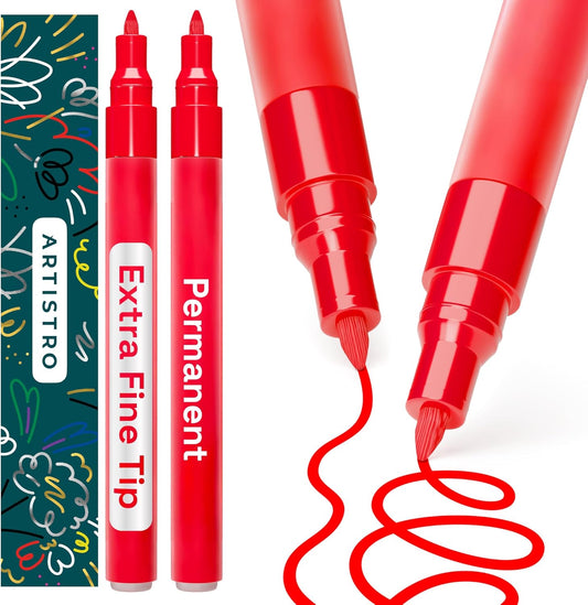 ARTISTRO Red Permanent Marker - Set of 2 Black Paint Pen, Oil Based Paint Markers Extra-Fine Tip 0.7mm, Waterproof Quick Dry Black Marker for Rock Painting, Ceramic, Glass, Wood, Tire, Fabric & More