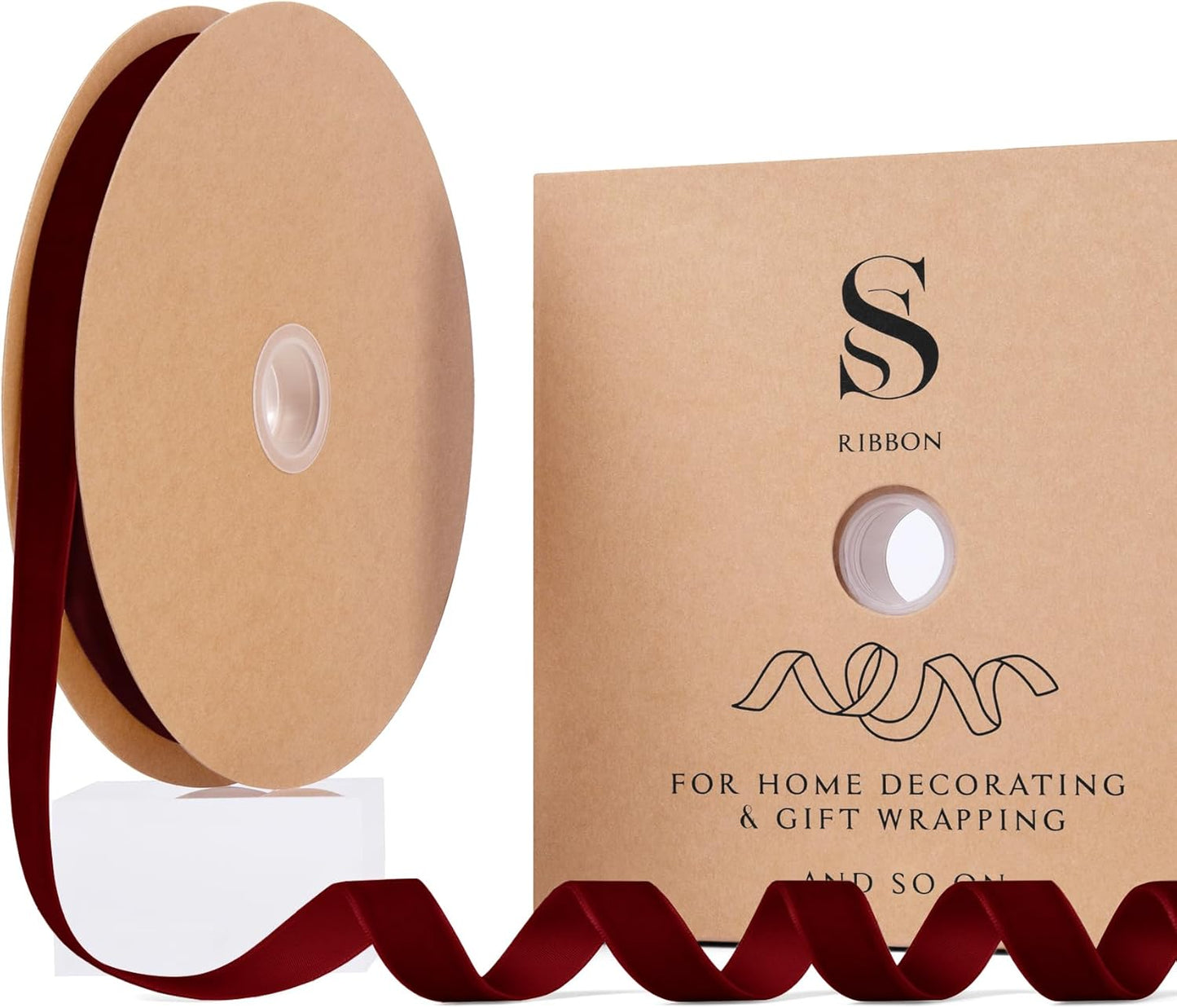 Burgundy Christmas Velvet Ribbon for Tree, Gift Wrapping, Flower Bouquet, Wreath Decorations, Bow Making 5/8'', 25 Yards