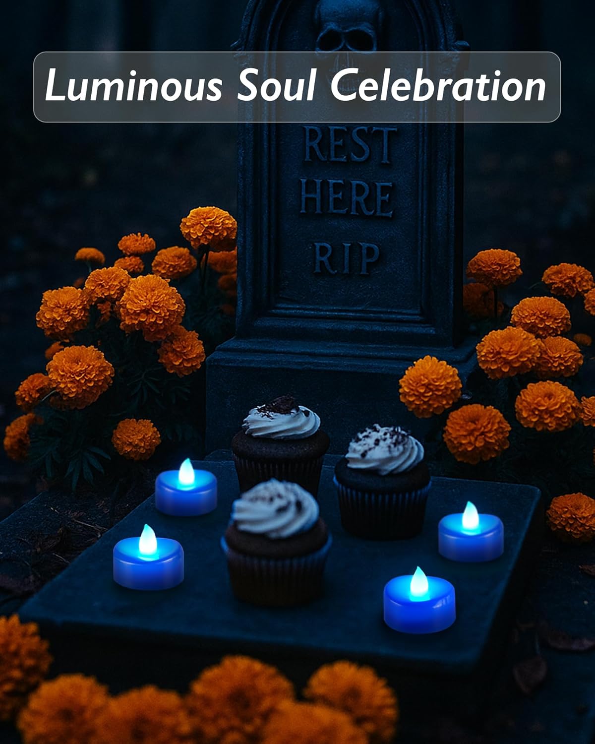 Raycare Blue LED Tea Lights Battery Operated, 200+Hour Flickering Votive Candles,Realistic Fake Flameless Tea Lights for Wedding Party Halloween Thanksgiving Christmas Decorations, 24 Pack