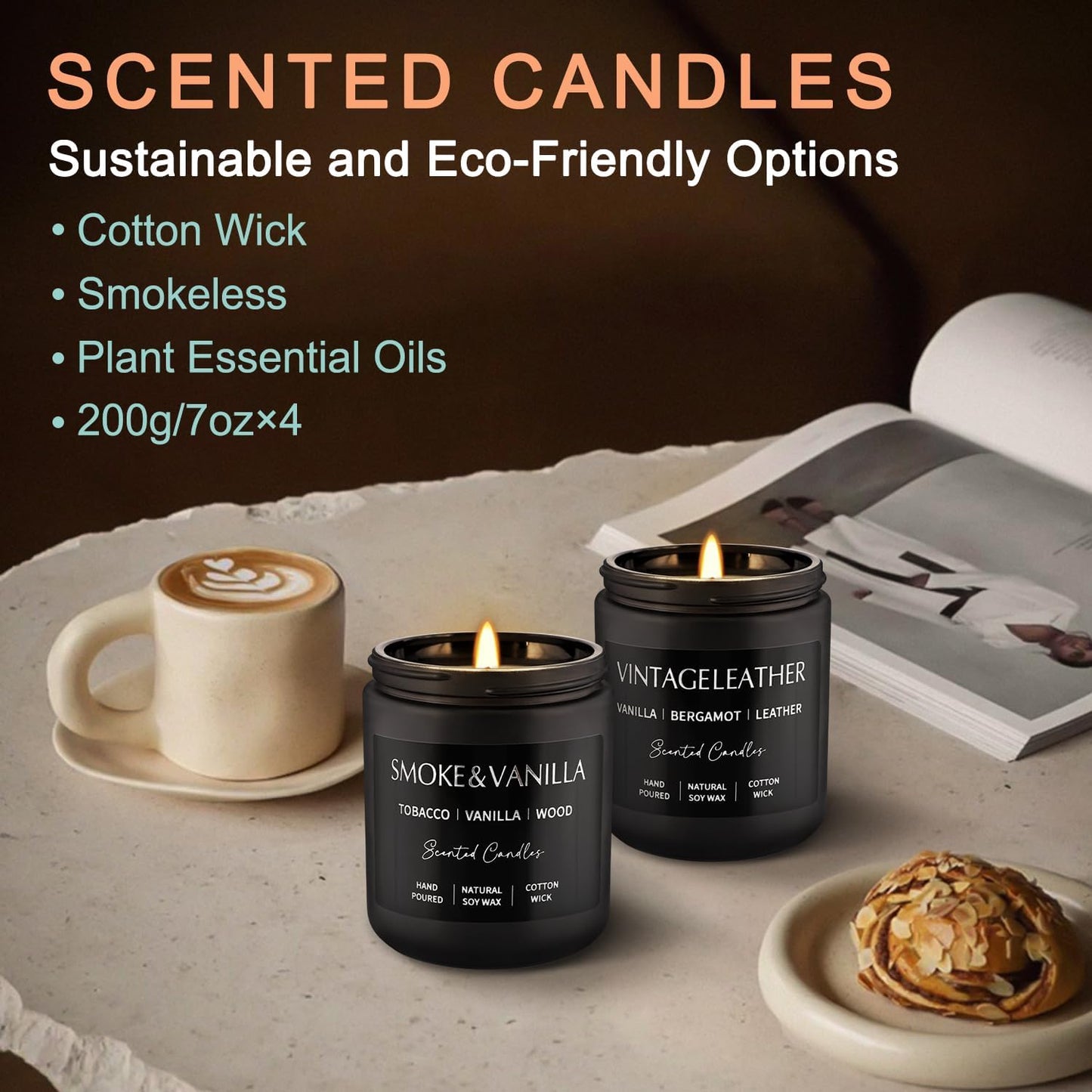 Scented Candles Gift Set - 4 Pack (7oz Each) Soy Wax Aromatherapy Candles with Essential Oils, Smokeless - Leather & Smoke, Vanilla Oakmoss, Lavender for Office, Gifts