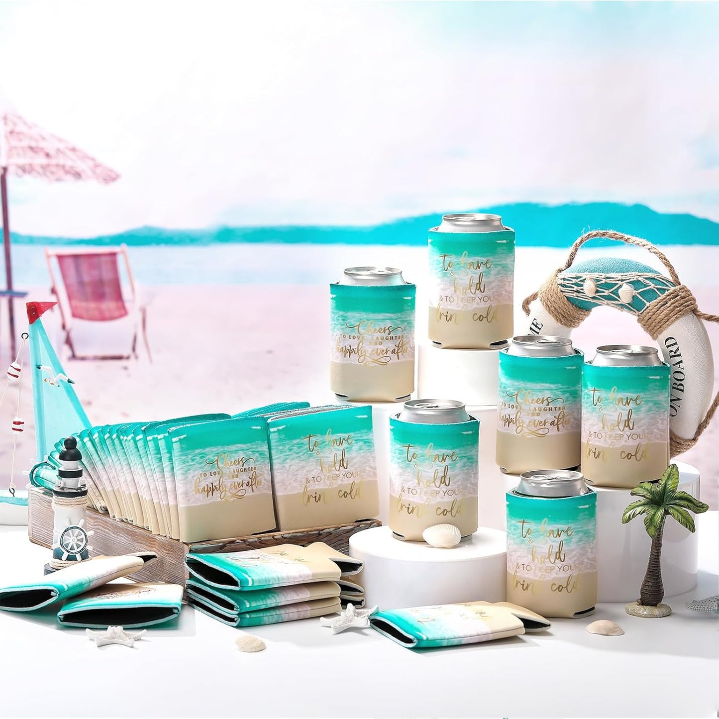 50 Pieces Beach Theme Wedding Can Cooler Bulk Engagement Party Favors for Guests Cheers to Love Laughter and Happily Ever After Rehearsal Dinner Decorations for Wedding Bridal Party