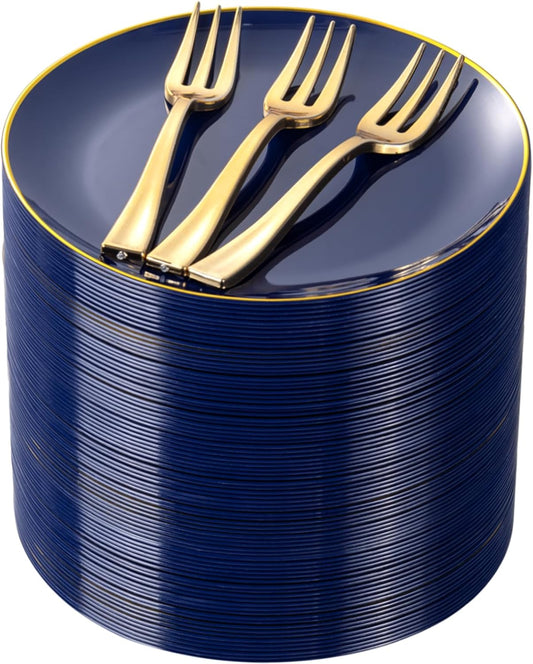 Festiva 200Pcs Navy Blue Gold Dessert Plates 6.3" with Plastic Forks 5"- Small Disposable Plates- Dessert/Cake/Appetizer Plastic Plates include 100Plates 100Forks for Christmas Party & Hanukkah
