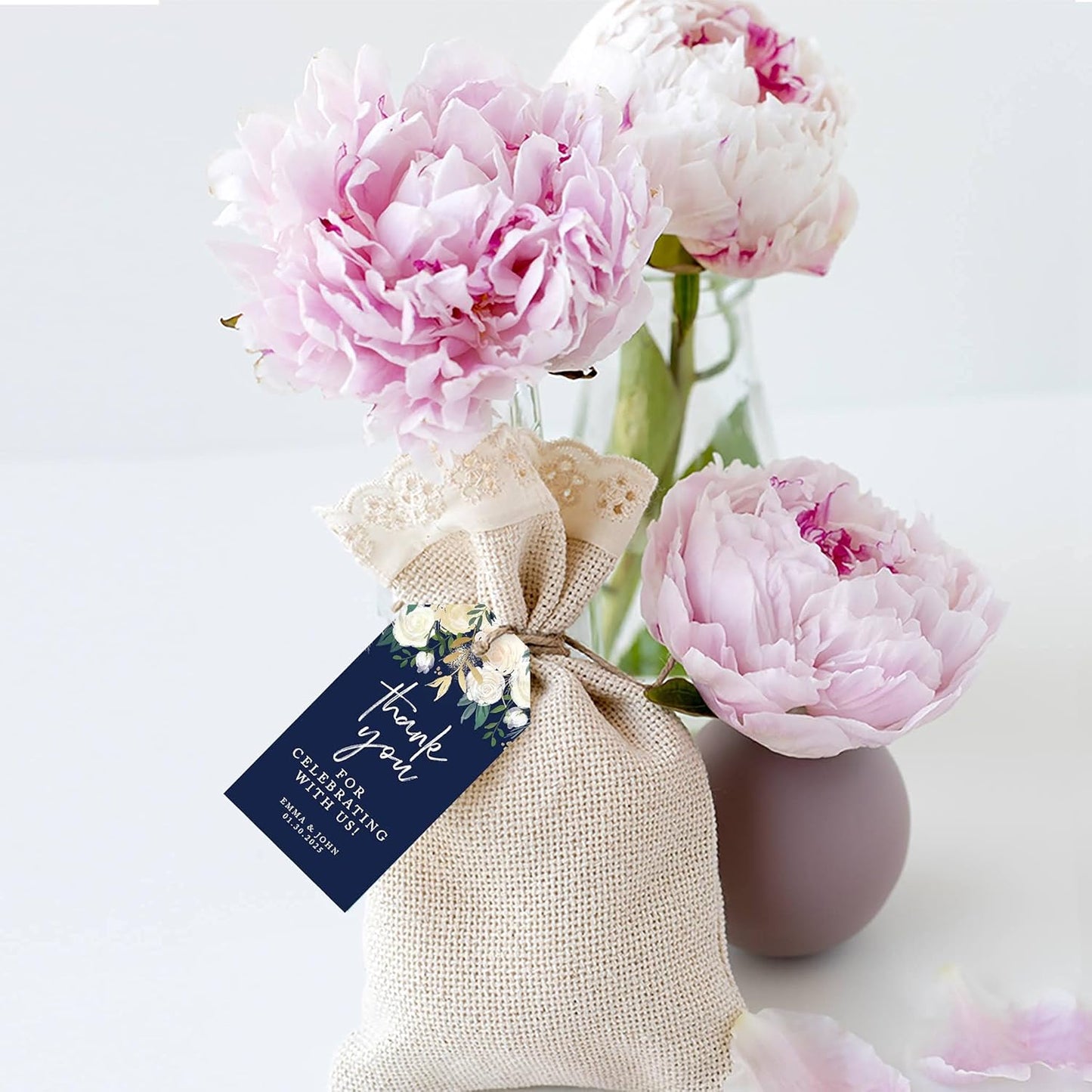 Andaz Press 100-Pack Personalized Thank You for Celebrating with Us Wedding Favor Tags with Bakers Twine Navy Blue with Florals Custom Cardstock Wedding Gift Tags for Party Favors 2 x 3.75-Inches