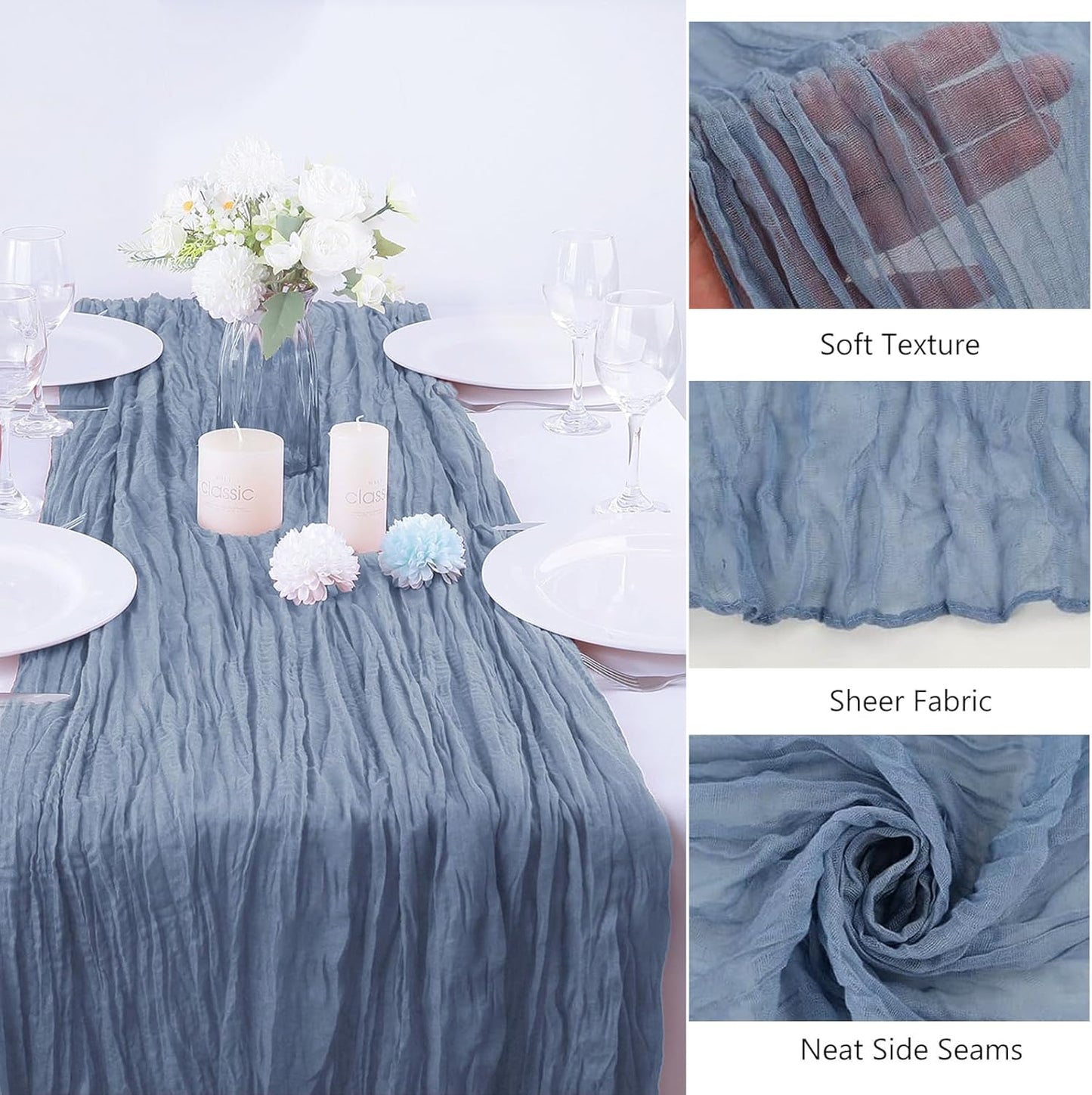 16PCS Dusty Blue Cheesecloth Table Runner 10FT Table Runner Cheesecloth 35x120Inch Boho Gauze Cheese Cloth Table Runner Long Rustic Sheer Table Runners for Wedding Party Baby Bridal Shower Table Decor