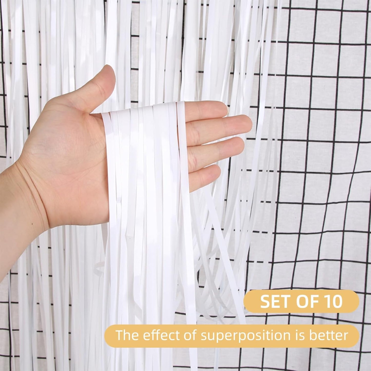 10 Pack White Foil Curtain Backdrop 3.2ft x 9.8ft Black Metallic Tinsel Foil Fringe Curtains Streamer Photo Booth Backdrop for Birthday Party Engagement Bachelorette Party Decorations (White)