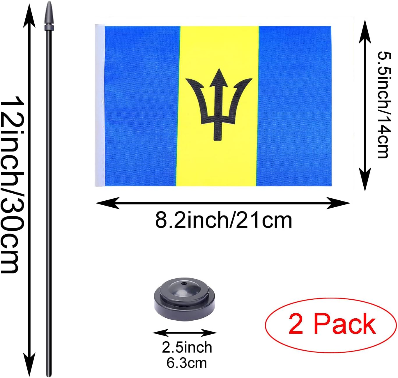 WXTWK 2 Pack Barbados Flag Barbados Deluxe Desk Flag Set - Mini Small Barbadians Table Office Flags with Black 12" Solid Pole Stand Base Classroom Meeting Desktop Decorations