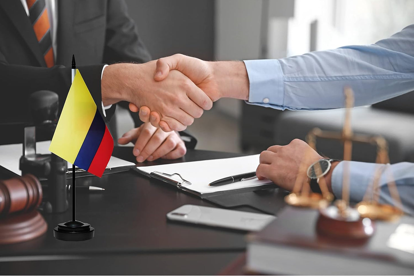 Colombia Colombian Deluxe Desk Flag Set Small Mini Miniature Colombia Colombian Table Desktop Flags With Solid Pole, Black Base and Spear Top(2 Pack)