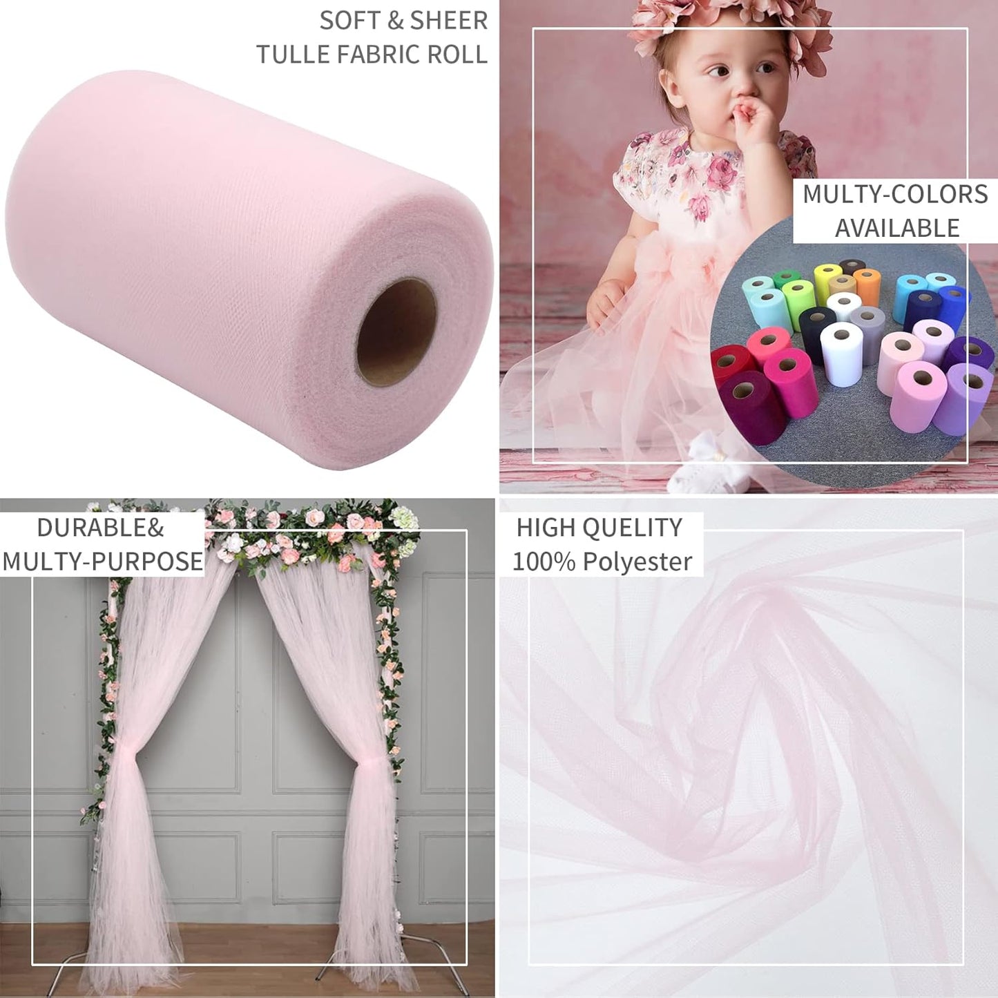 Light Pink Tulle Fabric Rolls 6 Inch by 200 Yards (600 feet) Fabric Spool Tulle Ribbon for DIY Light Pink Tutu Bow Baby Shower Birthday Party Wedding Decorations Craft Supplies