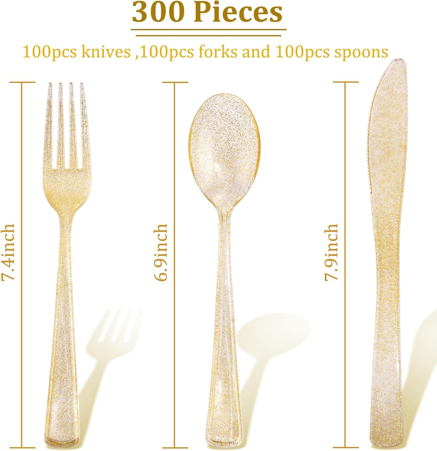 Supernal 300pcs Gold Glitter Plastic Cutlery Disposable Utensils Gold Plastic Silverware Sets Include 100 Forks, 100 Spoons & 100 Knives Serves for 100 Guests Suitable for Party,Thanksgiving