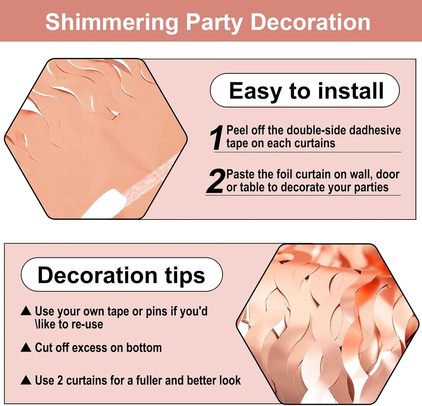 4 Pack Rose Gold Wave Foil Fringe Curtain Backdrop, 3.28Ft x 8.2Ft Metallic Tinsel Foil Fringe Streamer Curtains for Photo Booth, Mother's Day, Easter, Birthday, Wedding Party Decoration