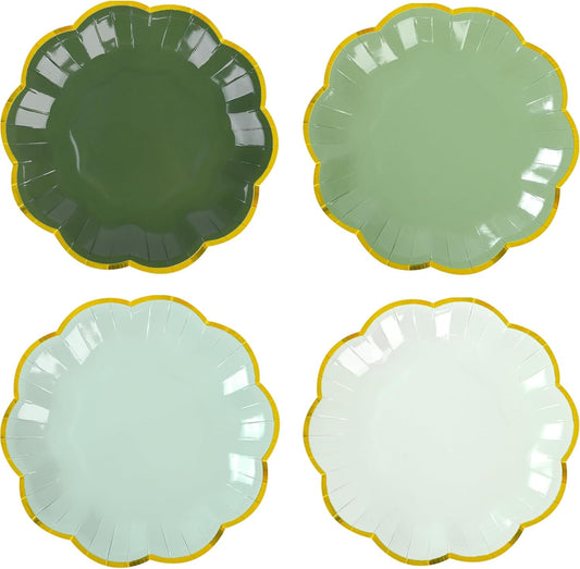 Sage Green Party Plates Gradient Green Dessert Paper Plates 7inch Gold Foil Scalloped Edge Disposable Cake Plates for Birthday Bridal Baby Shower Wedding Party Supplies (24)