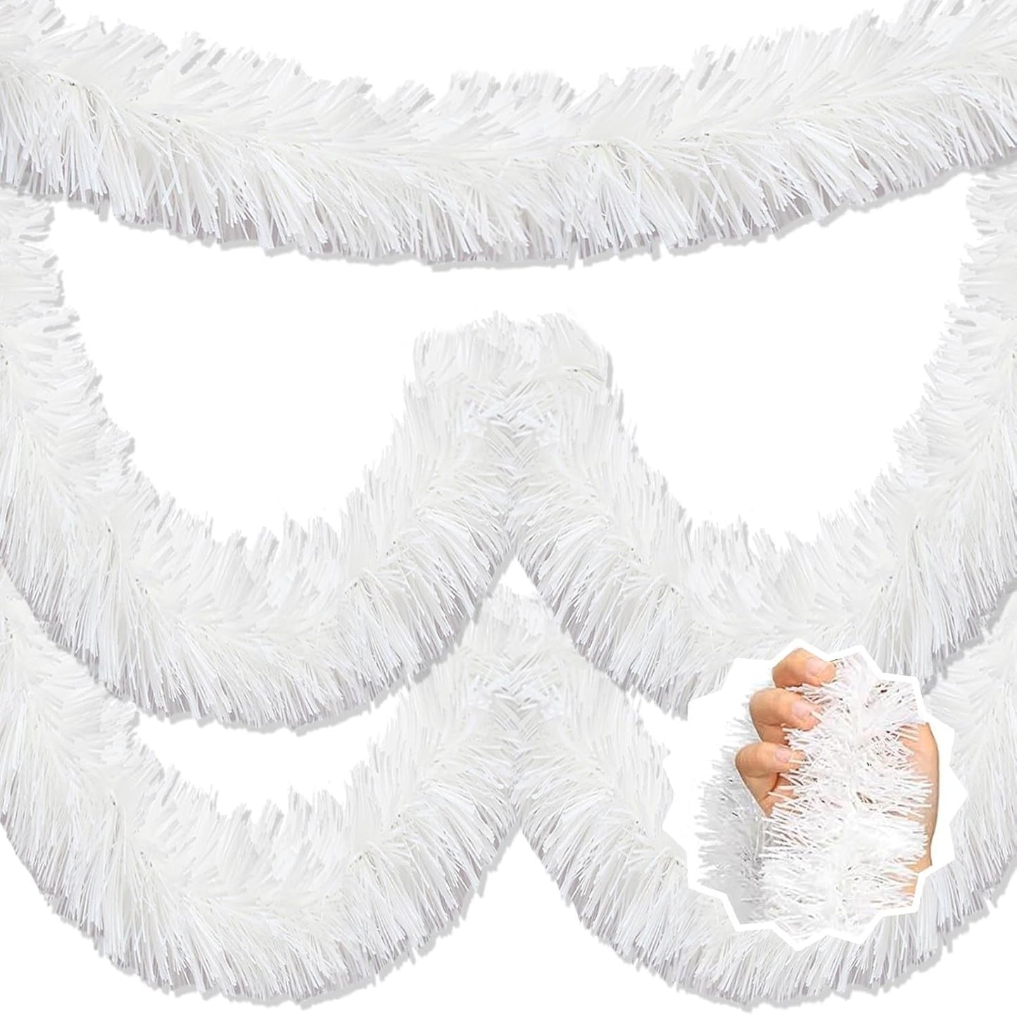 50 Feet Macaron White Christmas Tinsel Garland, Metallic Foil Twist Banner Wall Hanging Tinsel Streamers Backdrop for Parade Floats, Christmas, Mother's Day, Birthday Party Decorations(2in x 50ft)