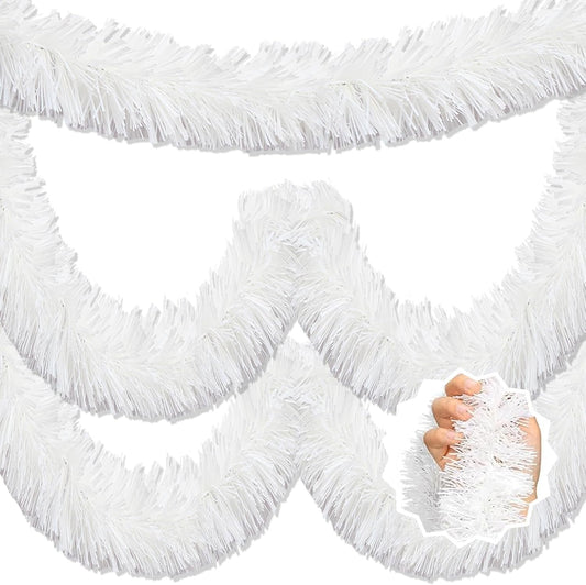 50 Feet Macaron White Christmas Tinsel Garland, Metallic Foil Twist Banner Wall Hanging Tinsel Streamers Backdrop for Parade Floats, Christmas, Mother's Day, Birthday Party Decorations(2in x 50ft)