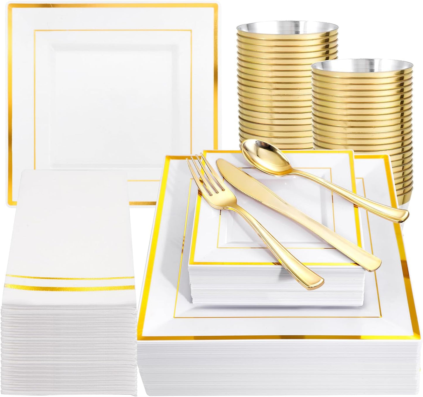 Festiva 350Pcs Gold Plastic Plates - Disposable Square Gold Plates Dinnerware set include 9.5"/6" Plates,Cups,Plastic Cutlery,Hand Napkins Perfect for 50 guests Party&Wedding&Birthday