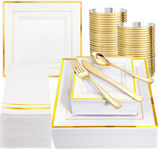 Festiva 350Pcs Gold Plastic Plates - Disposable Square Gold Plates Dinnerware set include 9.5"/6" Plates,Cups,Plastic Cutlery,Hand Napkins Perfect for 50 guests Party&Wedding&Birthday