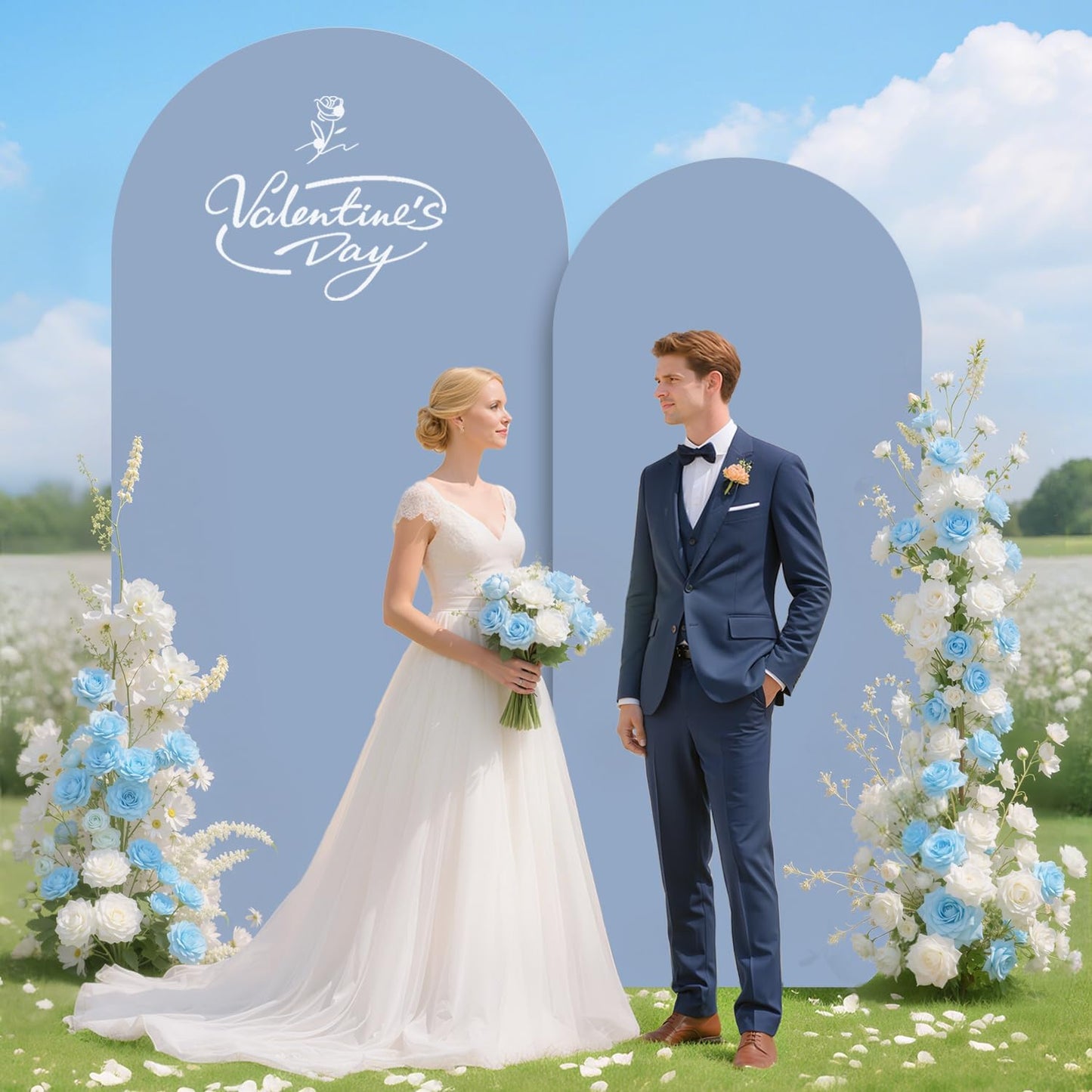 Arch Backdrop Stand and Cover Set 6FT 7.2FT Dusty Blue Arch Backdrop Covers Set of 2 Gold Metal Arch Frame Spandex Arched Covers for Birthday Party Banquet Wedding Ceremony Decor