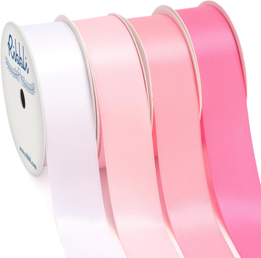 Ribbli Satin Ribbon 1 Inch x 4 Rolls Total 40 Yards - White/Light Pink/Hot Pink for Gift Wrapping, Craft, Wedding Decoration