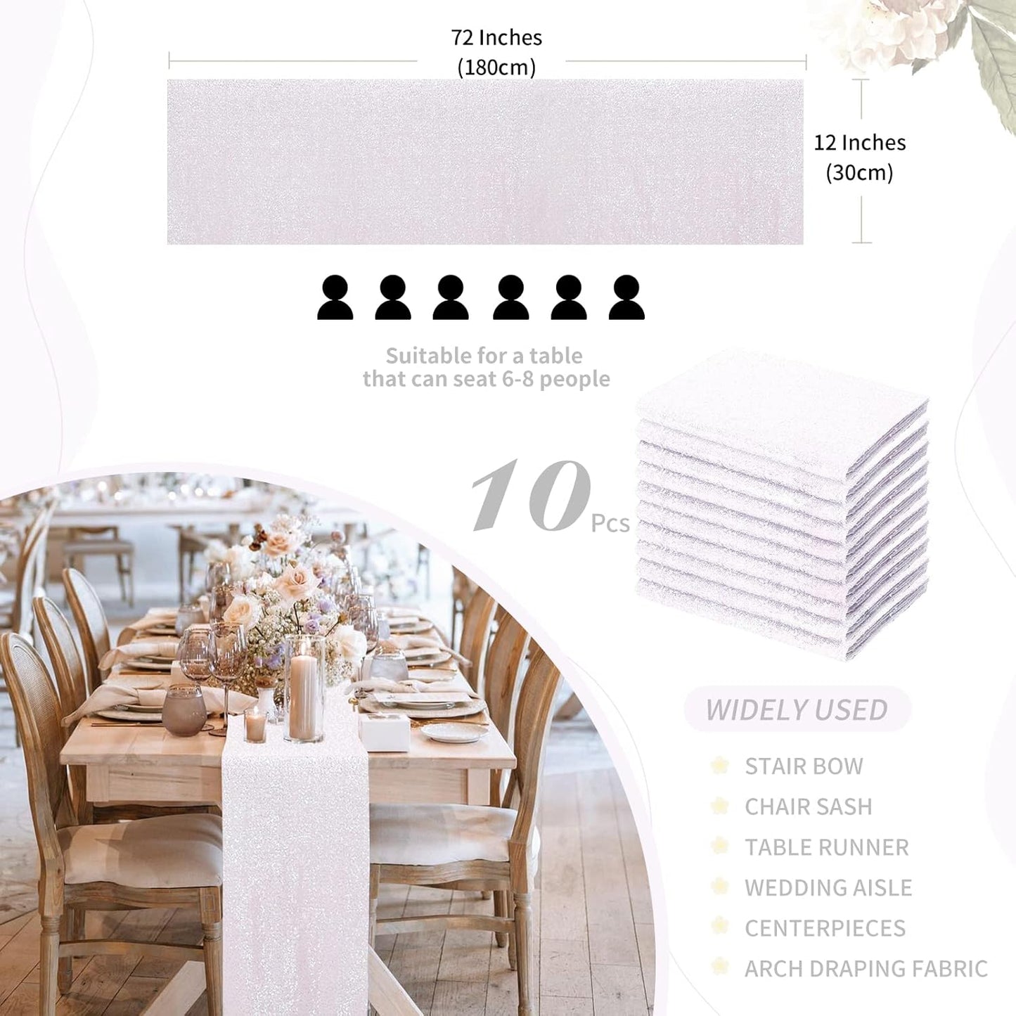 White Iridescent Sequin Table Runners 10 Packs 12x72 Inches Glitter Sparkly Table Runner for Birthday Wedding Party Baby Shower Event Decorations