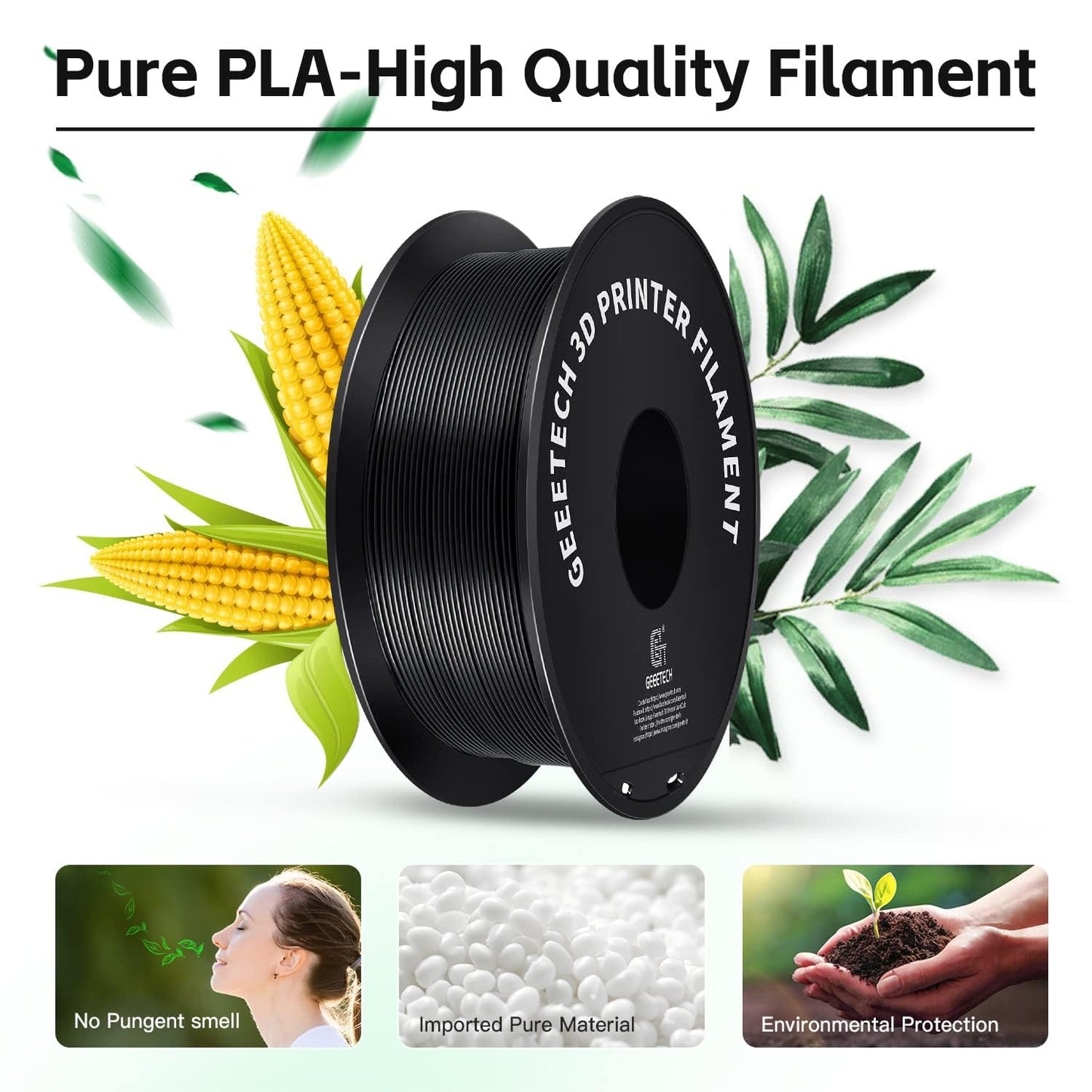 Geeetech 3D Printer Filament, PLA Filament 1.75mm Bundle 2kg for 3D Printer, Dimensional Accuracy +/- 0.02 mm (Black 2-Pack)