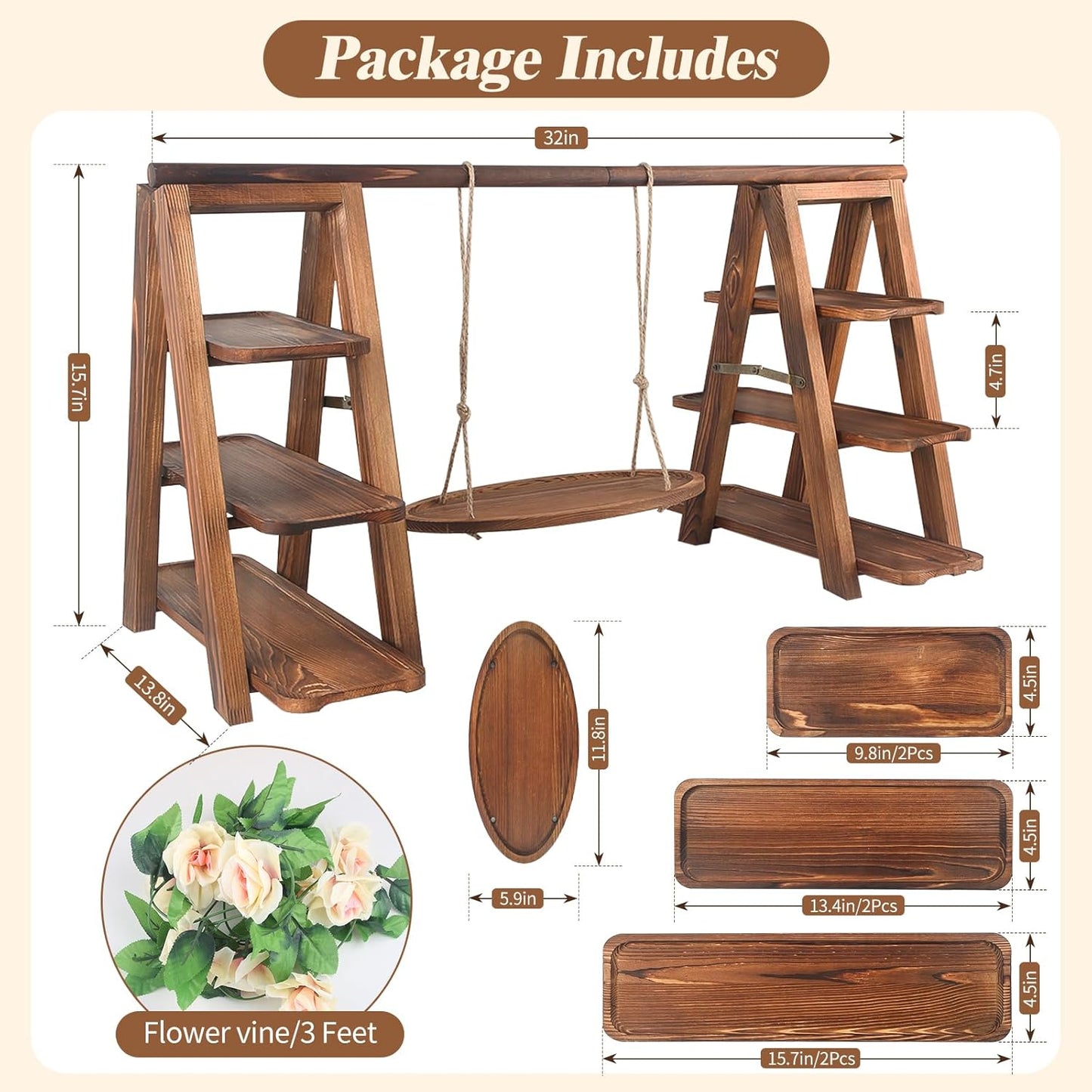 Wooden 3 Tier Cupcake Stand with Swing and Flower Decoration Serving Removable Tray Display Serving Ladder Foldable Stand with Serving Platter Tray Party Food Display Set for Cake Snack Fruit Chips Bread Centerpieces Catering