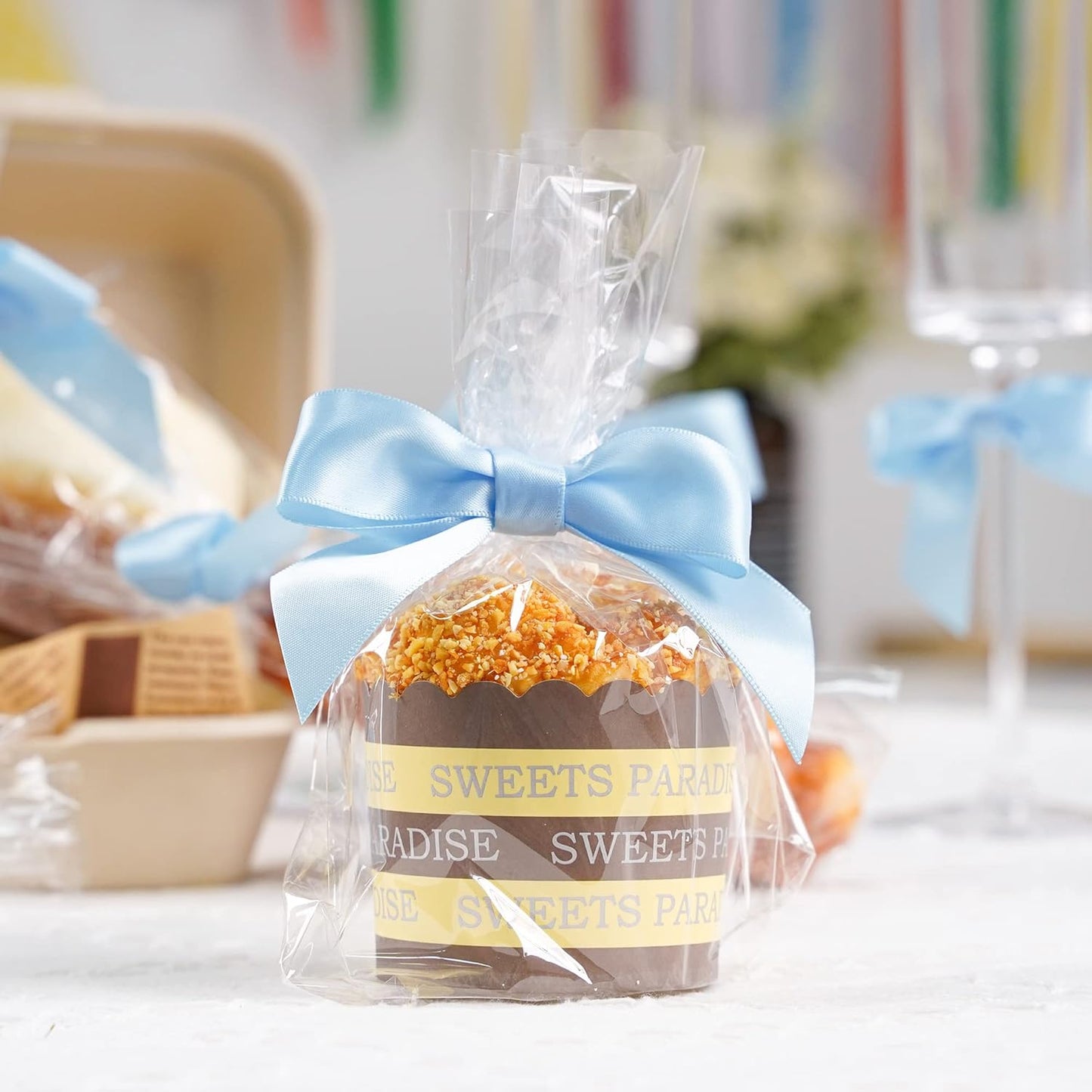 AIMUDI Light Blue Satin Ribbon Twist Tie Bows 2.5" Pretied Blue Bows for Baby Shower Premade Baby Blue Bows for Crafts Treat Bags Cake Pop Gift Wrapping Wedding Party Favors Goodie Bags - 50 Counts