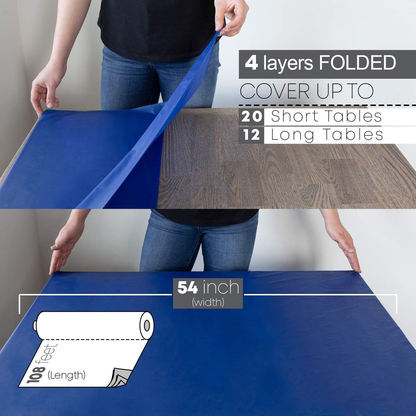 Neatiffy Disposable Plastic Table Cloth Roll | 54 in x 108 Ft Waterproof Tablecloth | Table Cover for Rectangle, Square, Round Oval Tables | Picnic, Party, Banquet, Birthdays, Weddings - Royal Blue