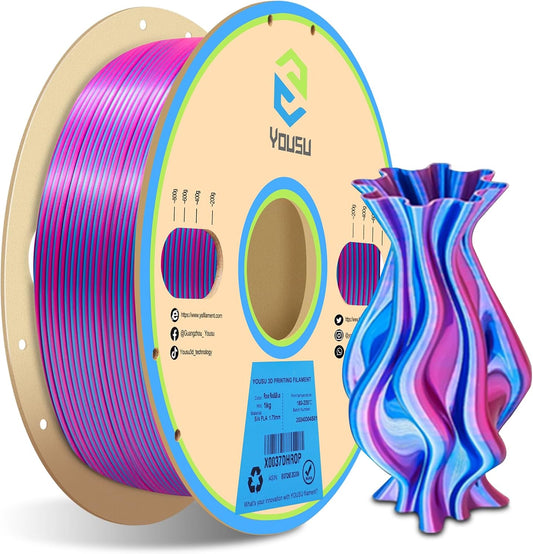 YOUSU Silk PLA Filament 1.75mm, 3D Printer Filament Dual Color Coextrusion Filament Silk Rose-Red Blue Color Change PLA, Compatible with Most of 3D Printer.