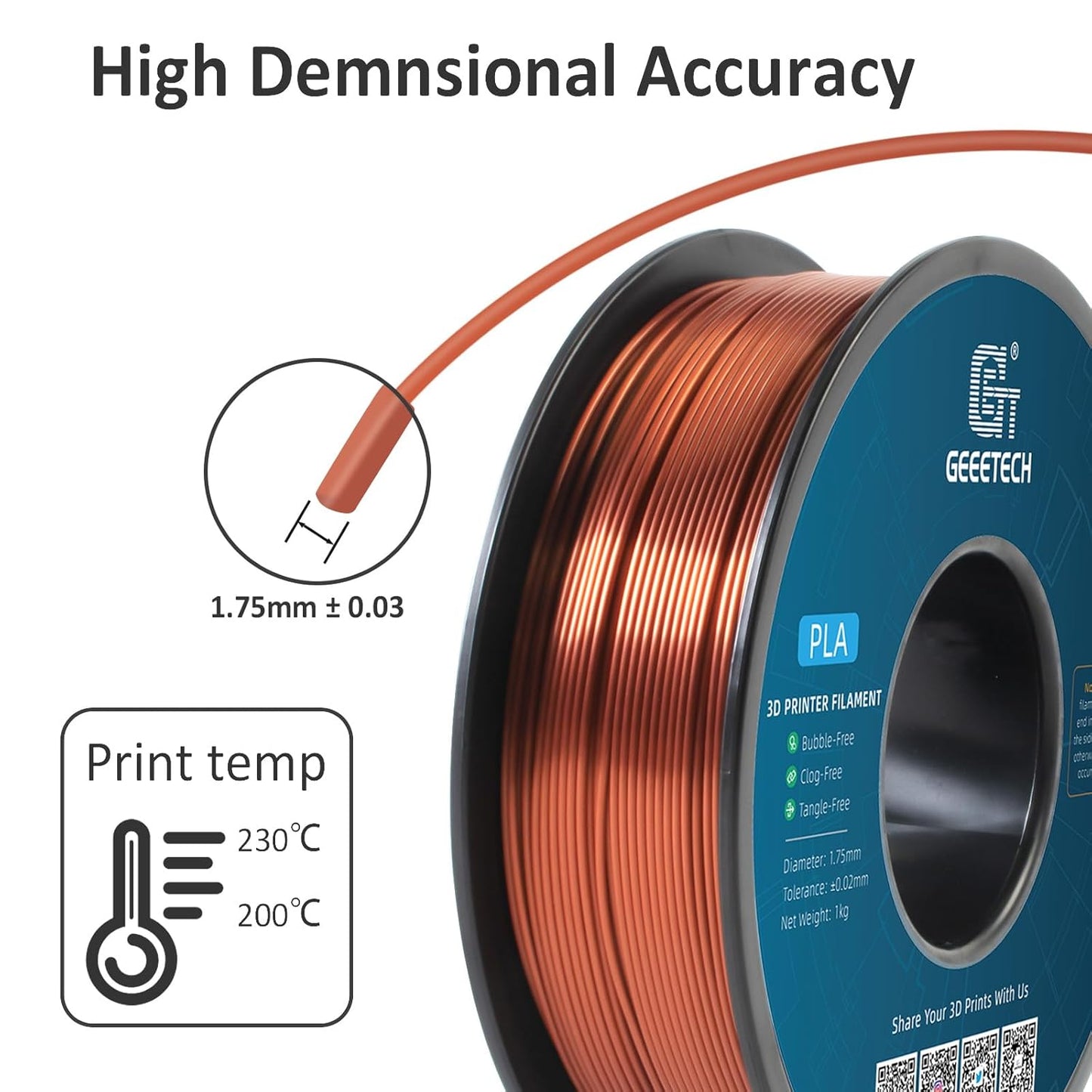 Geeetech Silk PLA Filament 1.75mm for 3D Printer, Metal-Like Shiny 3D Filament 1kg (2.2lbs) 1 Spool, Dimensional Accuracy +/- 0.02 mm, Metallic Copper Silk Filament
