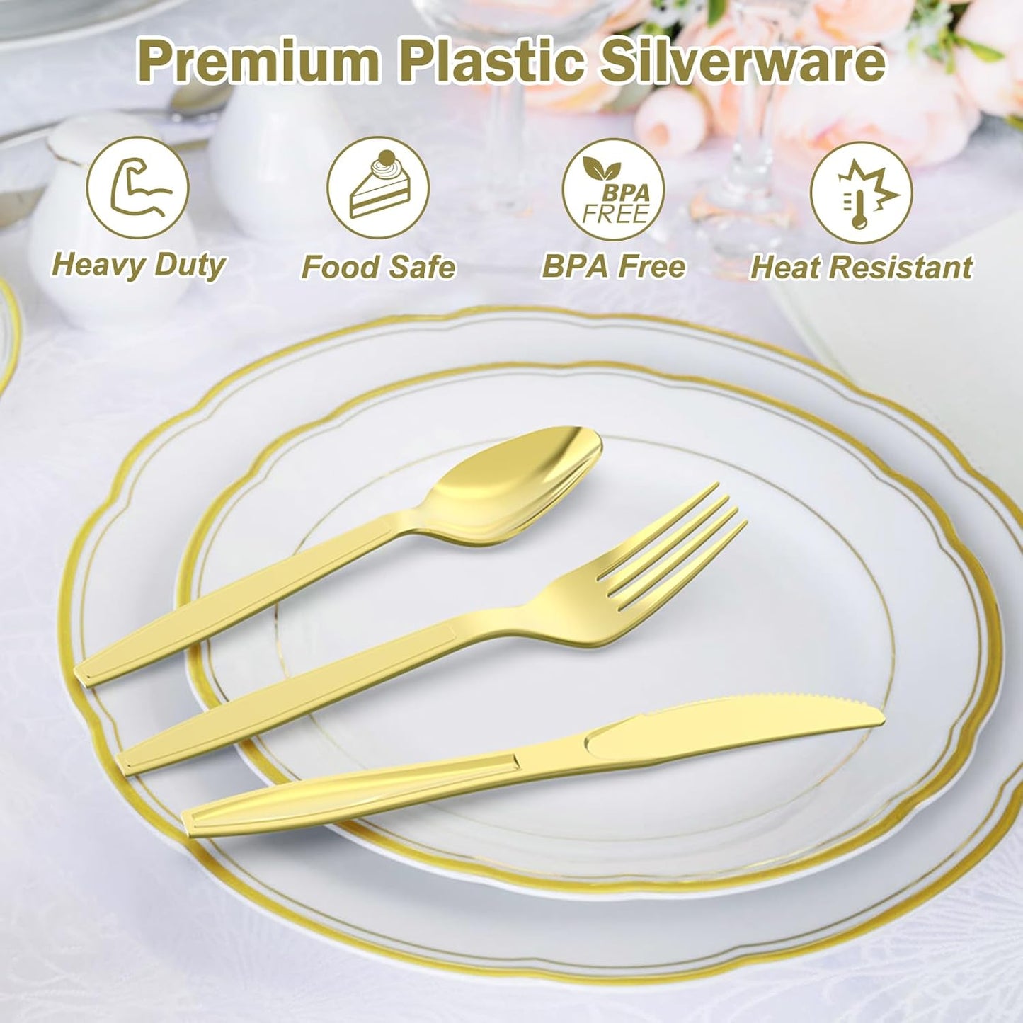 300 Count Extra Heavy Duty Gold Plastic Silverware, 100 Forks, 100 Spoons, 100 Knives, BPA-Free, Heat Resistant, Disposable Plastic Utensils Set, Plastic Cutlery Set, Plasticware Bulk
