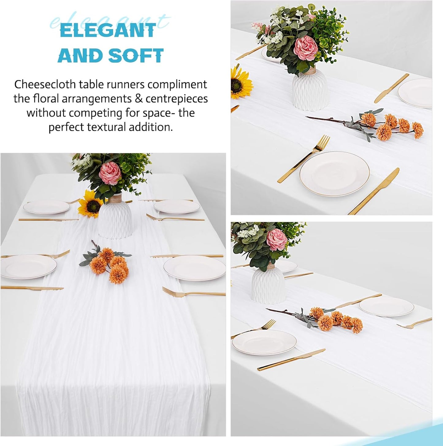 Aktor 4 Pack White Table Runner Boho Cheesecloth Table Runner Semi Sheer Gauze Fabric Runners for Wedding Birthday Baby Shower Party Boho Table Decoration（White）
