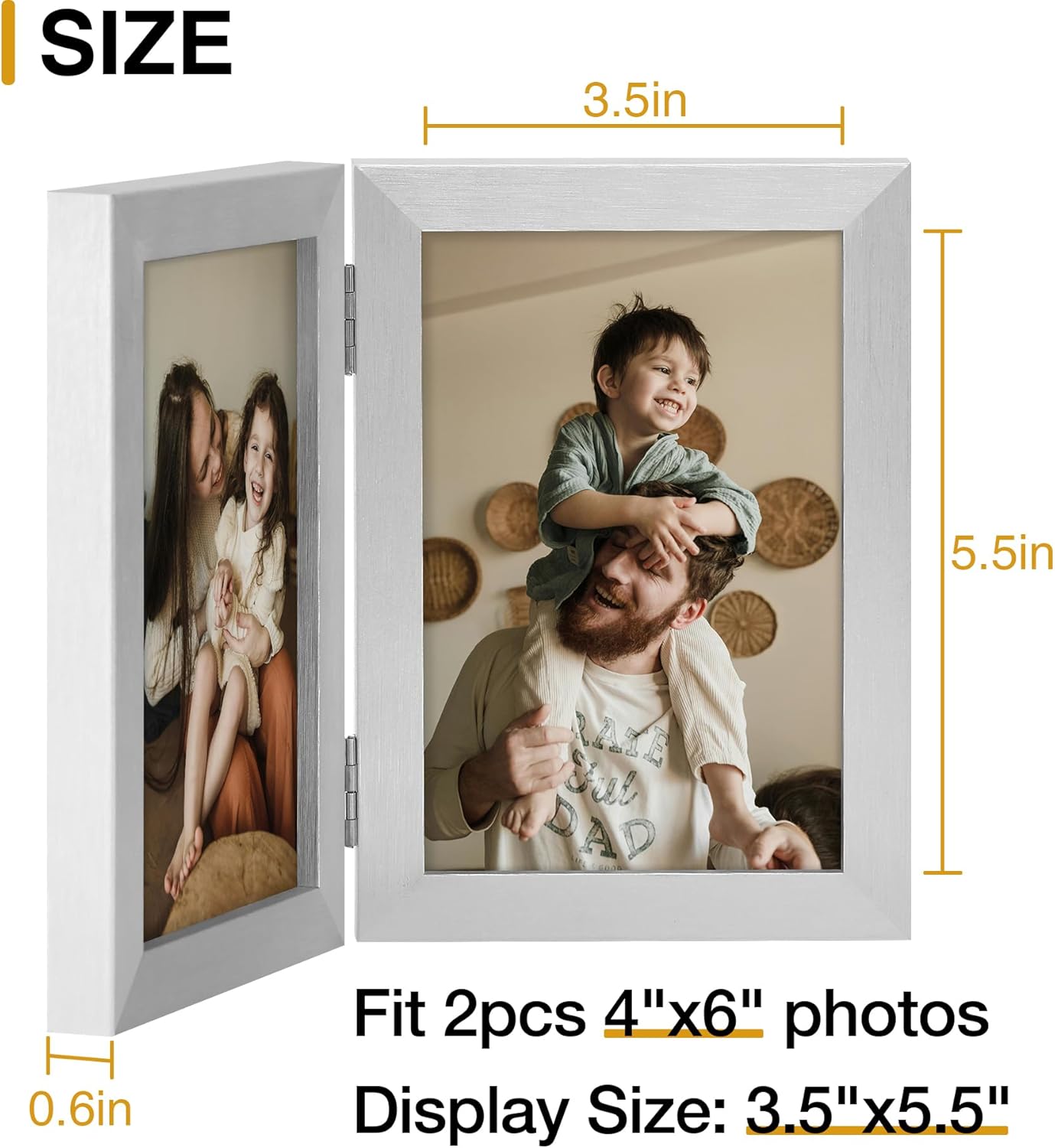 decorUhome Double 4x6 Picture Frame Vertical, Engineered Wood Bifold Photo Frame with Plexiglass for Tabletop Display, 4x6, Silver