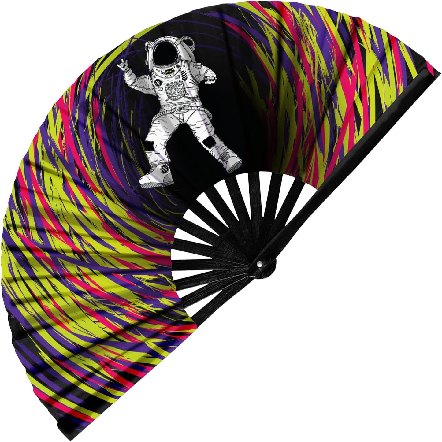 GloFX Rave Fan - Spaced Out Astronaut - Large Folding Fan - Music Festival Essential, EDM Rave Accessories, Folding Hand Fan, Clack Fan