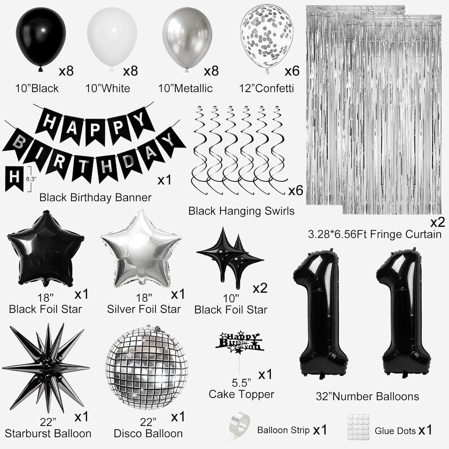 11th Birthday Decorations for Boys Girls, Black Silver Happy Birthday Party Decorations， 11 Year Old Party Supplies with Number 11 Balloons, Banner, Fringe Curtains Kit