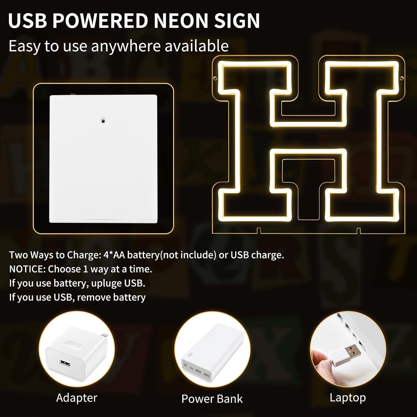 Light Up Letters H, Led Marquee Letter Lights Neon Sign, 13" Height Decorative Lighted Alphabet Number, Battery/USB Powered Led Letters Lights for Wedding, Birthday, Party, Christmas or Home Decor