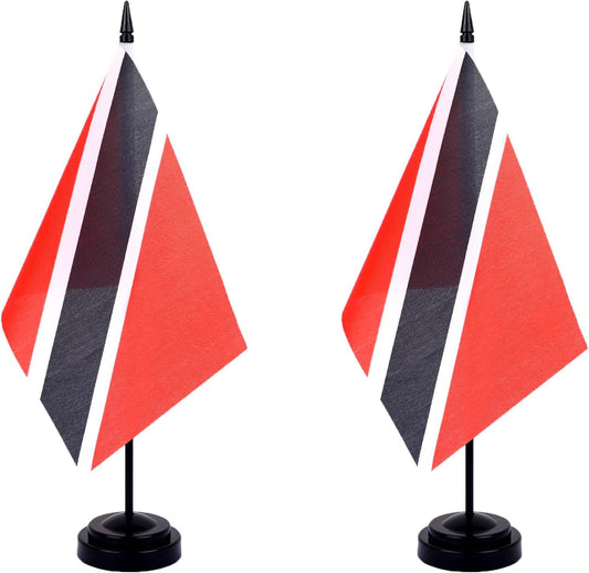 WXTWK 2 Pack Trinidad Flag Trinidad Deluxe Desk Flag Set - Mini Small Trinidad and Tobago Table Office Flags with Black 12" Solid Pole Stand Base Classroom Meeting Desktop Decorations