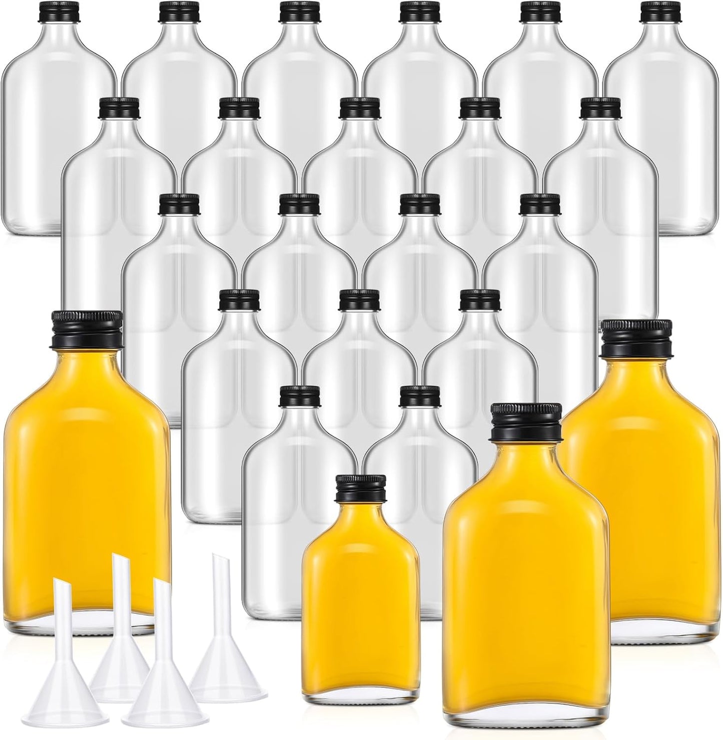 Gejoy 24 Pcs Mini Liquor Bottles Reusable Glass Flask Bottles with Black Caps Clear Empty Alcohol Shot Jars Small Champagne Jars with 4 Funnels for Wine Weddings Party Favors Christmas(3.4 oz)
