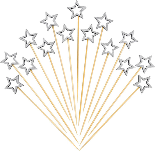 Minisland Matt Silver Star Cocktail Picks, 5.5 Inch Long Bamboo Fancy Toothpicks for Appetizers, Decorative Christmas New Year Holiday Party Food Drinks Garnish Fruit Skewer Sticks 50 Counts - MSL431