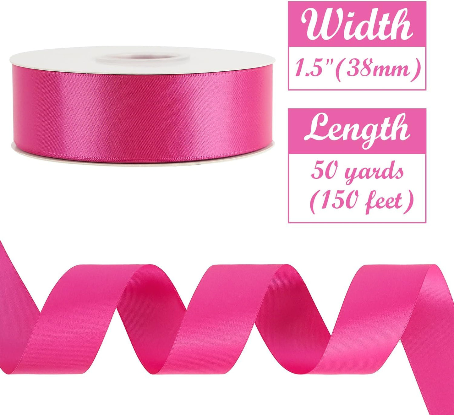 HUIHUANG Hot Pink Satin Ribbon 1-1/2 inch x 50 Yards Double-Faced Silk Like Ribbon for Flower Bouquet, Eternal Flowers, DIY Crafts, Party Favors, Bridal Shower Wedding Decor, Gift Wrapping, Bows
