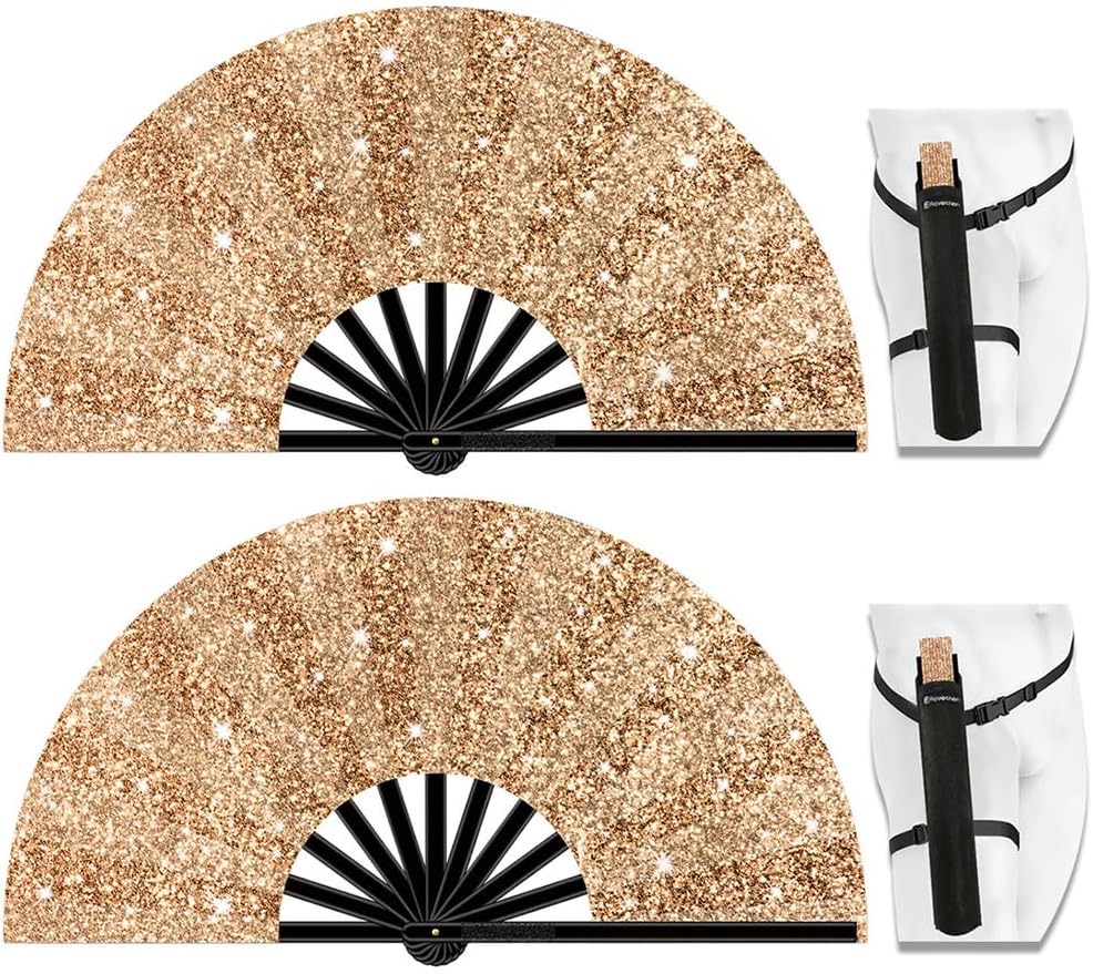 13" Large Folding Rave Fan with Holster, Clack Hand Fans Foldable for Line Dancing, Boots On The Ground Fan for Women Men Festival EDM Party Decoration, Glitter Champagne 2 Pack