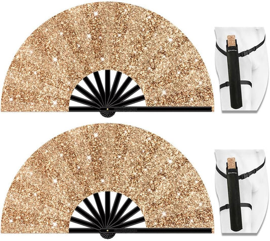13" Large Folding Rave Fan with Holster, Clack Hand Fans Foldable for Line Dancing, Boots On The Ground Fan for Women Men Festival EDM Party Decoration, Glitter Champagne 2 Pack
