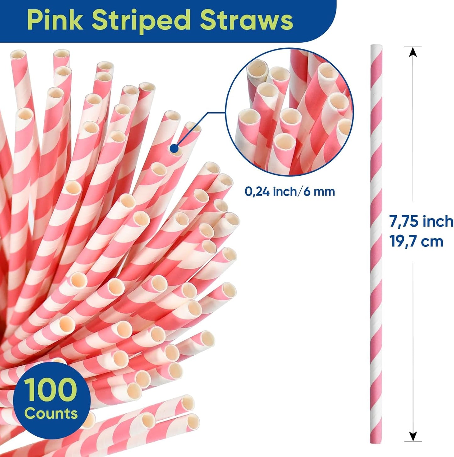 Pink White Striped Paper Drinking Straws 7.75 inch 100 Counts - for Cocktail, Party, Wedding, Baby Shower, Decoration, Crafts