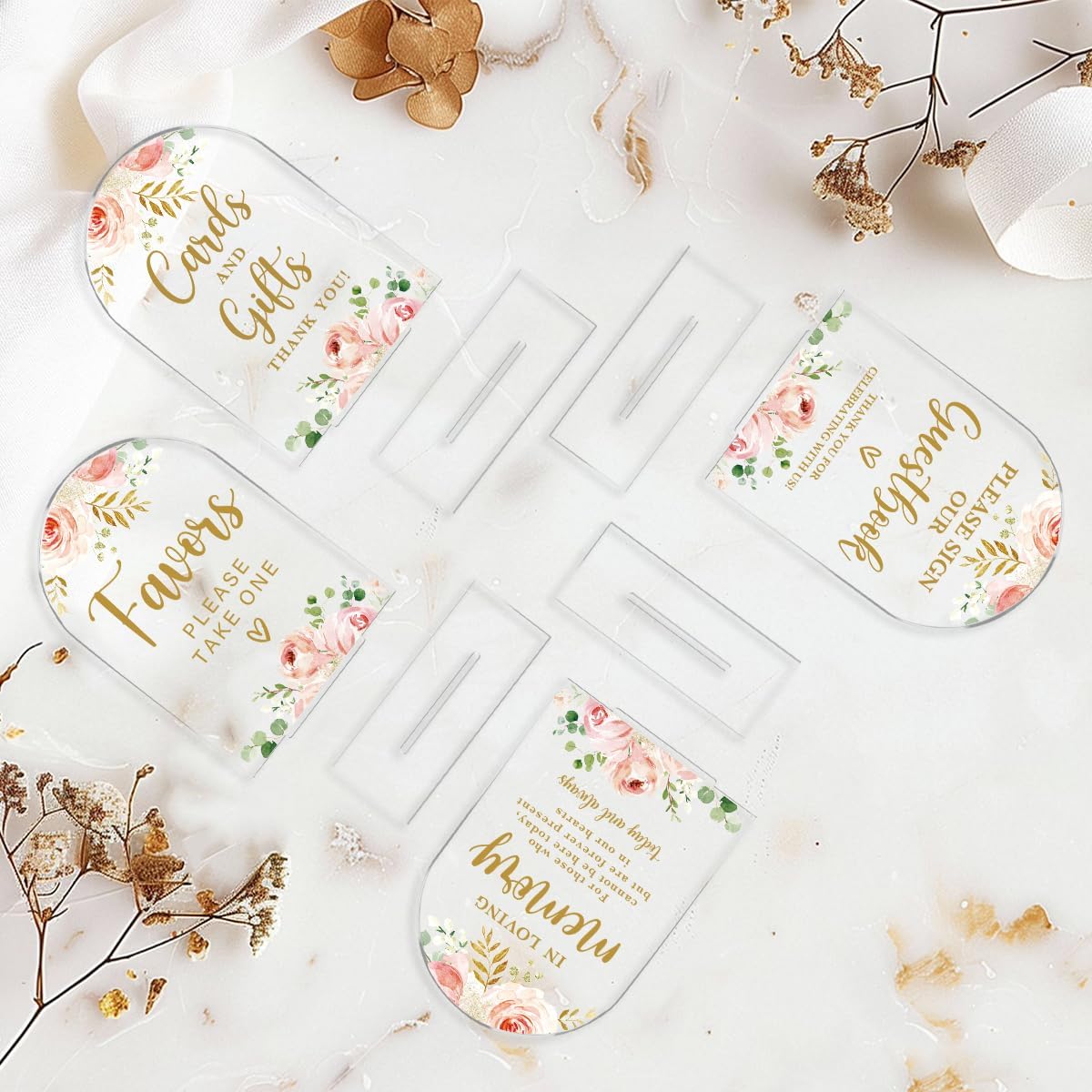 4 Pcs Acrylic Wedding Signs for Reception, Bridal Shower Decorations, Cards and Gifts Signs, Guest Book Sign, Arch Acrylic Table Top Sign with Holder for Wedding Reception (Clear Pink Flowers)