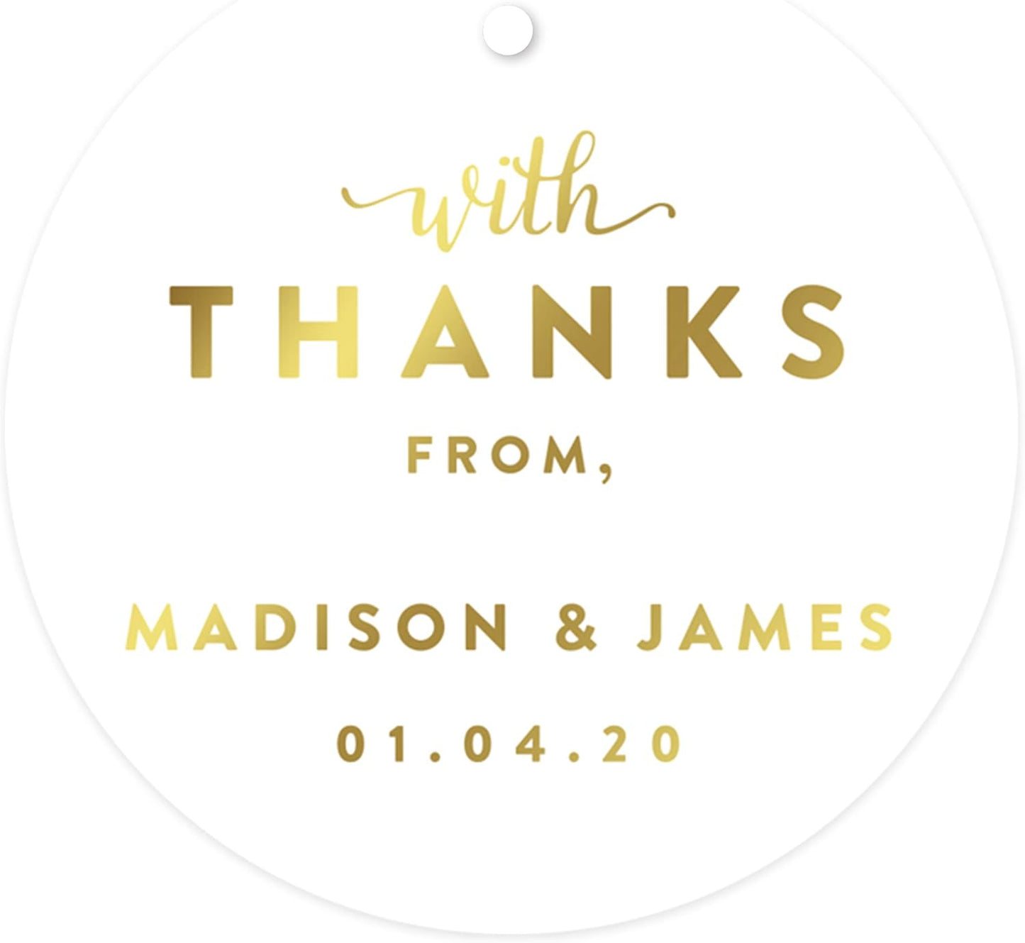 Andaz Press Personalized Round Circle Wedding Gift Tags, Metallic Gold Ink, with Thanks from, 24-Pack, Custom Made Any Name