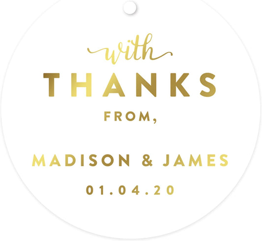 Andaz Press Personalized Round Circle Wedding Gift Tags, Metallic Gold Ink, with Thanks from, 24-Pack, Custom Made Any Name